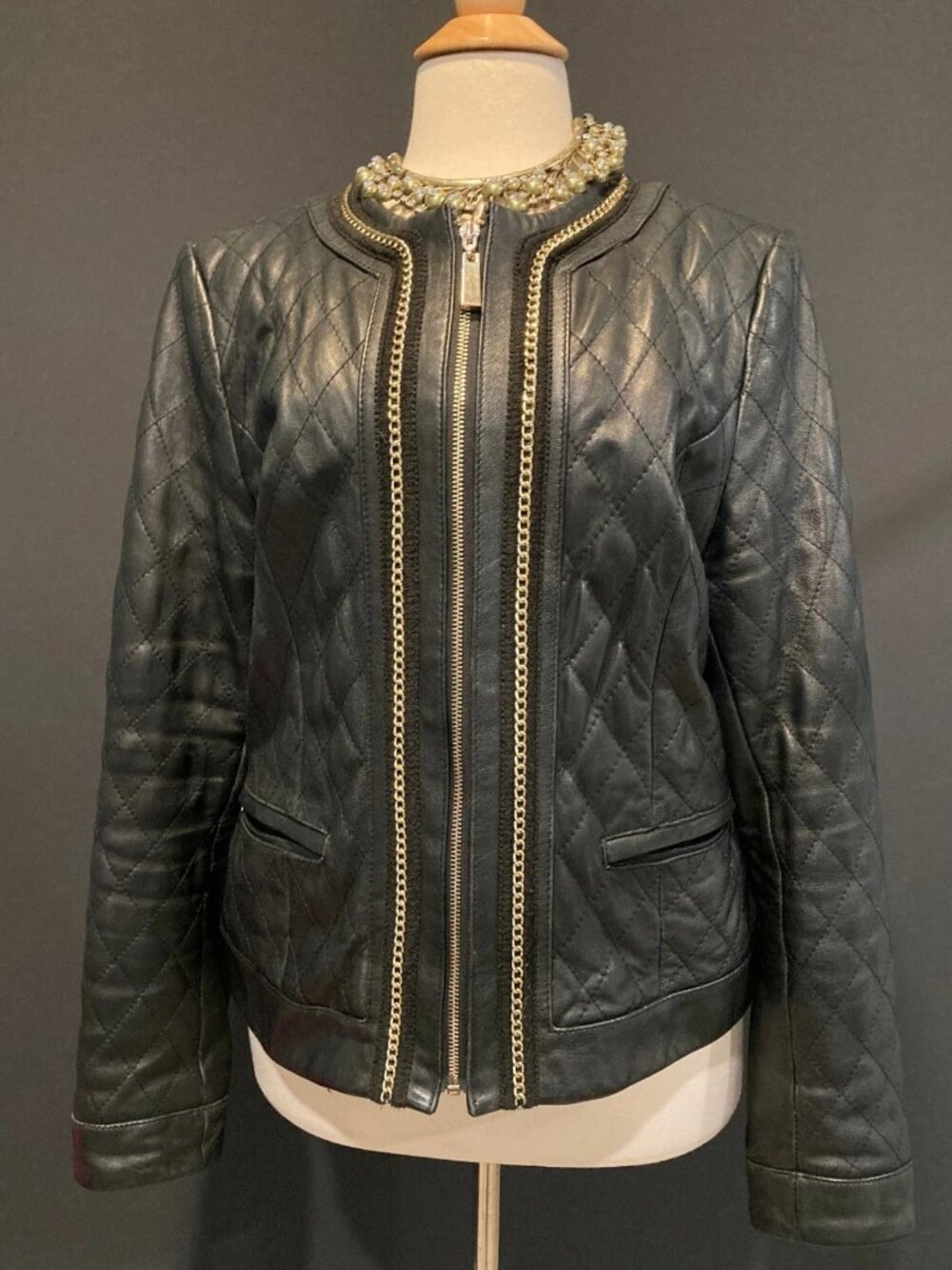Sz L Vince Camuto Quilted Genuine Leather Jacket Chain Trim Coat